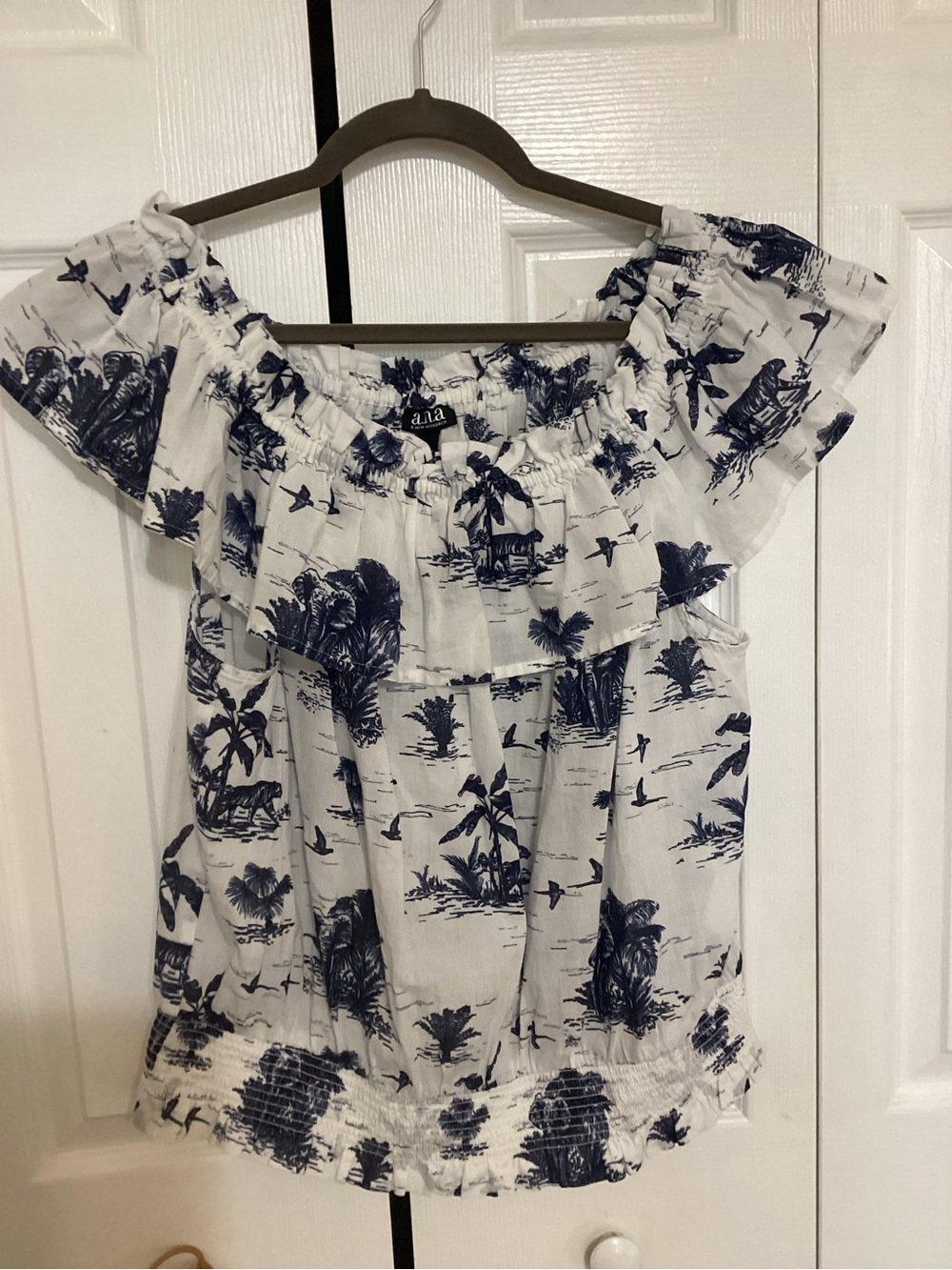 a.n.a White and Navy Scenic Off-Shoulder Ruffle Blouse